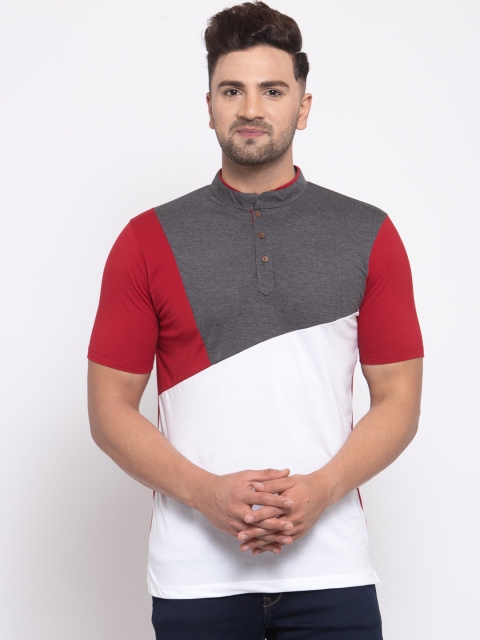 Kalt Men Red & White Colourblocked Mandarin Collar T-shirt