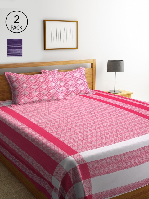 KLOTTHE Set Of 2 Striped Double King Bed Covers with 4 Pillow Covers, Pink