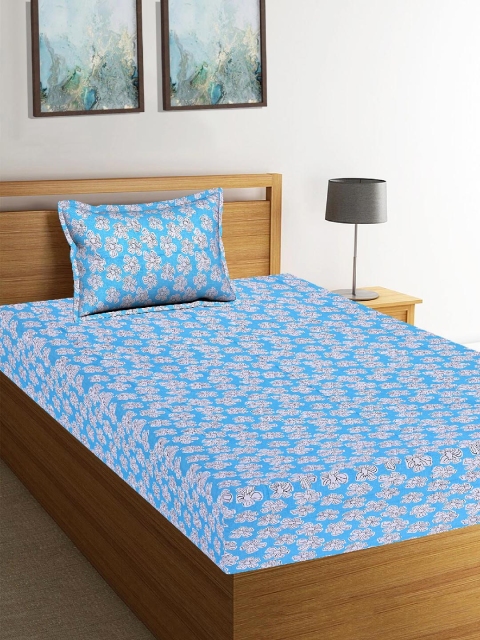 Tistabene Blue Floral 180 TC Cotton 1 Single Bedsheet with 1 Pillow Covers