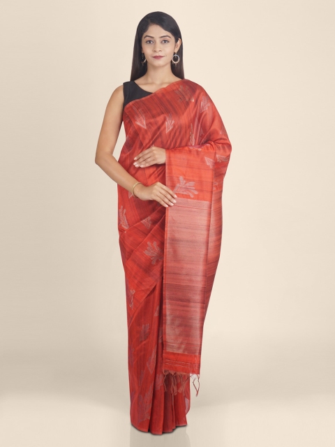 KAJREE Red Jute Silk Woven Design Tussar Saree