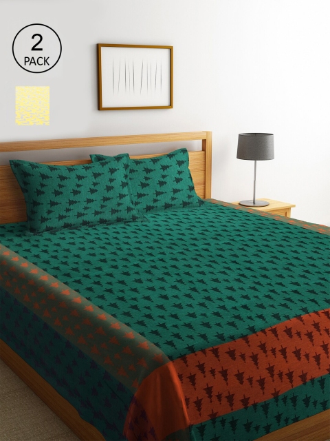 KLOTTHE Set Of 2 Floral Double King Bed Covers with 4 Pillow Covers, Green