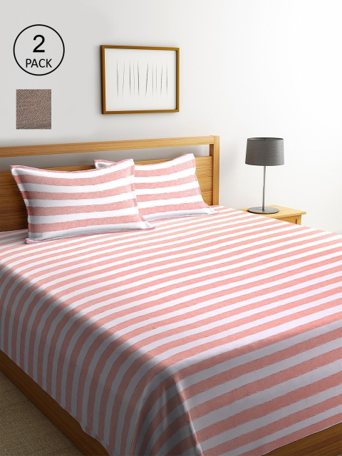 KLOTTHE Set Of 2 Striped Double Bed Covers With 4 Pillow Covers, Brown