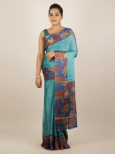 Pothys Blue Printed Poly Georgette Saree