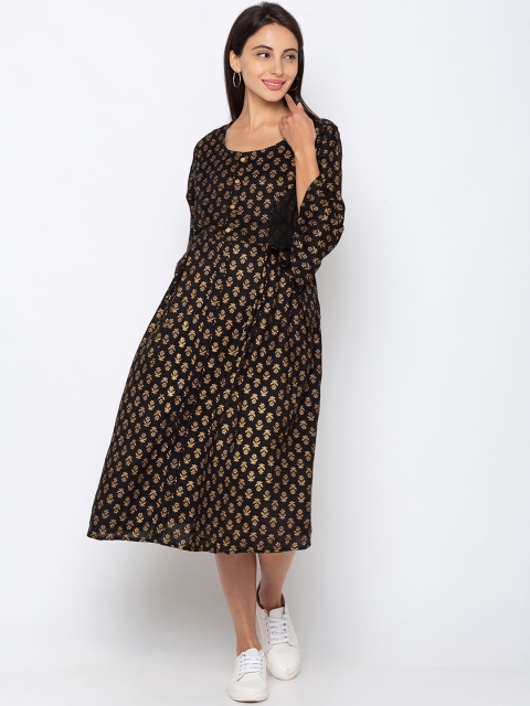 MomToBe Women Black Printed Nursing Maternity & Feeding A-Line Dress