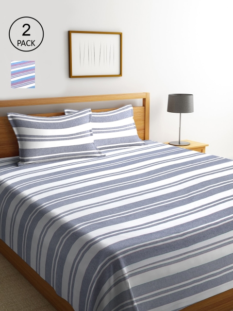 KLOTTHE Set Of 2 Striped Double King Bed Covers With 4 Pillow Covers, Grey