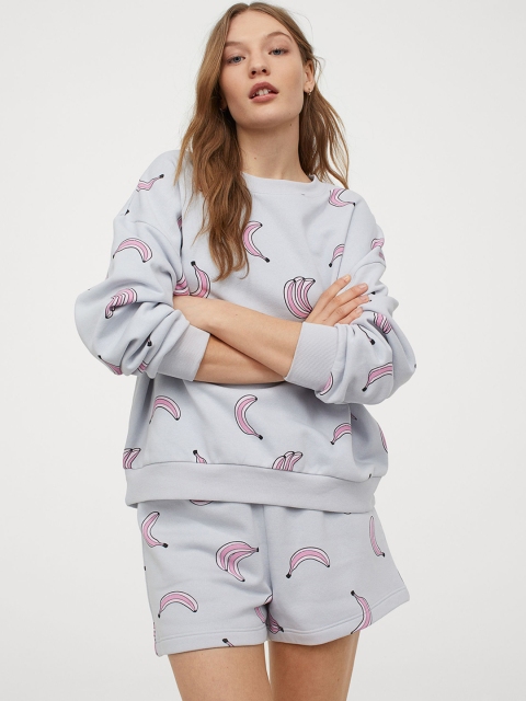 H&M Women Grey & Pink Printed Night Suit