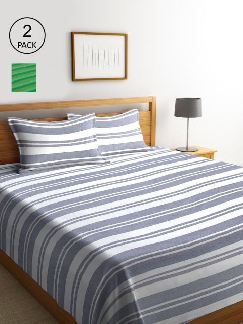 KLOTTHE Set Of 2 Striped Double King Bed Covers with 4 Pillow Covers, Green