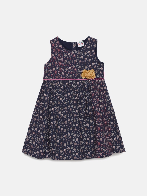 ZION Girls Navy Blue & Pink Floral Printed Cotton Fit and Flare Dress