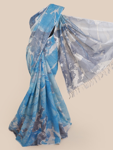 Pothys Blue Printed Linen Blend Saree
