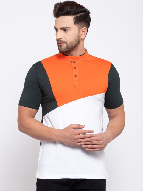 Kalt Men Green Colourblocked Mandarin Collar T-shirt