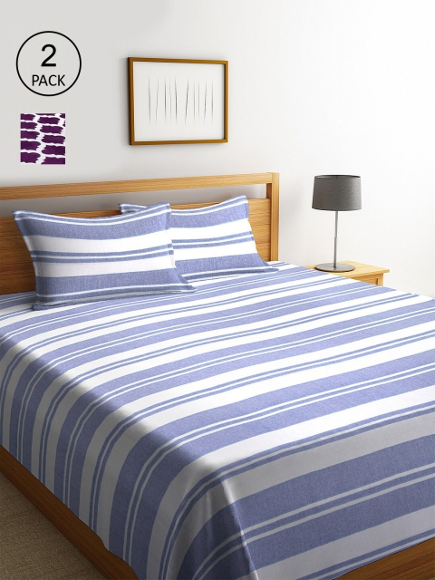 KLOTTHE Set of 2 Striped Double Bed Covers With 4 Pillow Covers, Blue