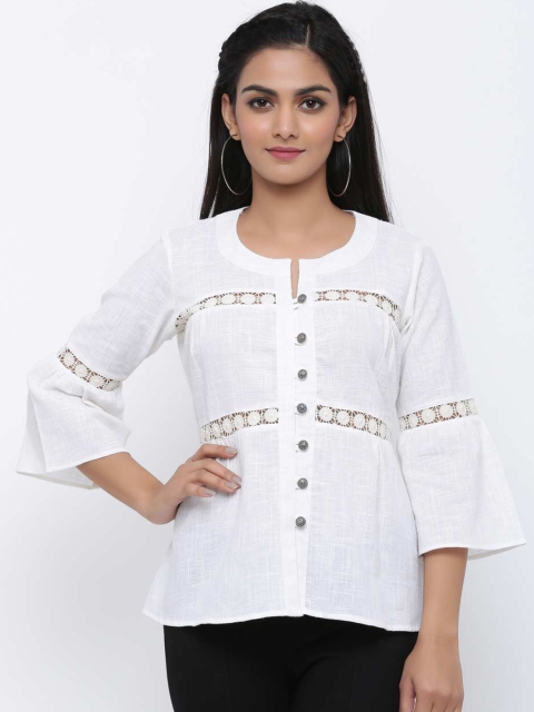 Tistabene Women White Bell Sleeves Pure Cotton Regular Top