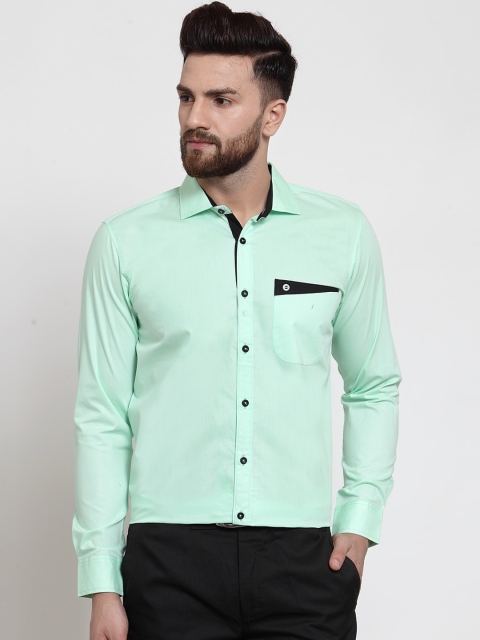 Purple State Men Green Solid Cotton Slim Fit Semiformal Shirt