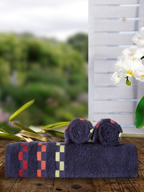 BIANCA Set Of 3 Navy Blue Striped 380 GSM Towel Set