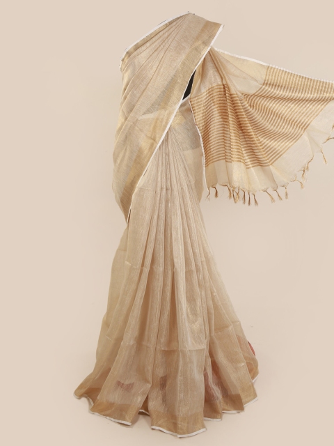 Pothys Beige Solid Linen Blend Saree