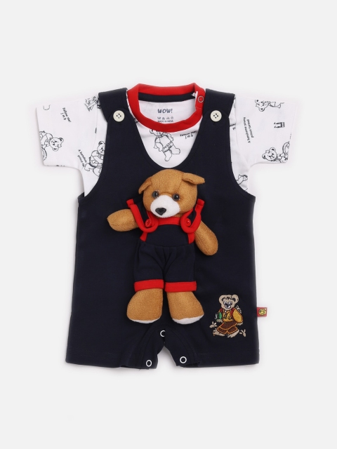 WOW Infants Kids Navy Blue Printed Romper With T-Shirt