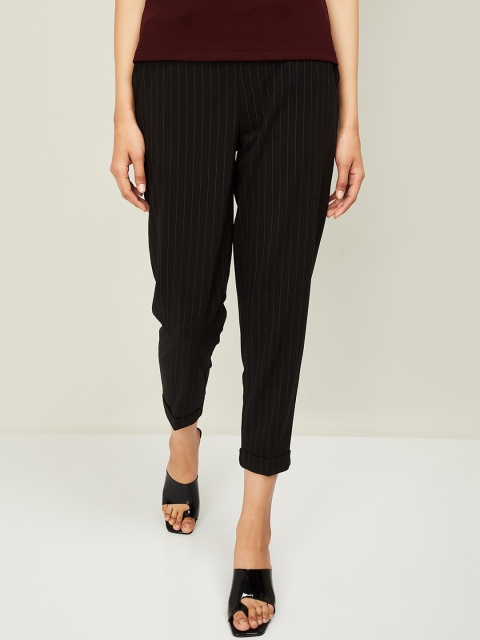 CODE by Lifestyle Women Black & Grey Regular Fit Striped Peg Trousers