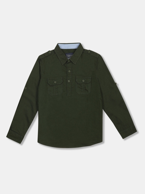 Cherokee Boys Olive Green Regular Fit Solid Casual Cotton Shirt