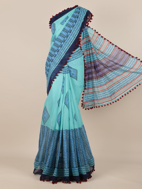 Pothys Blue Printed Linen Blend Saree