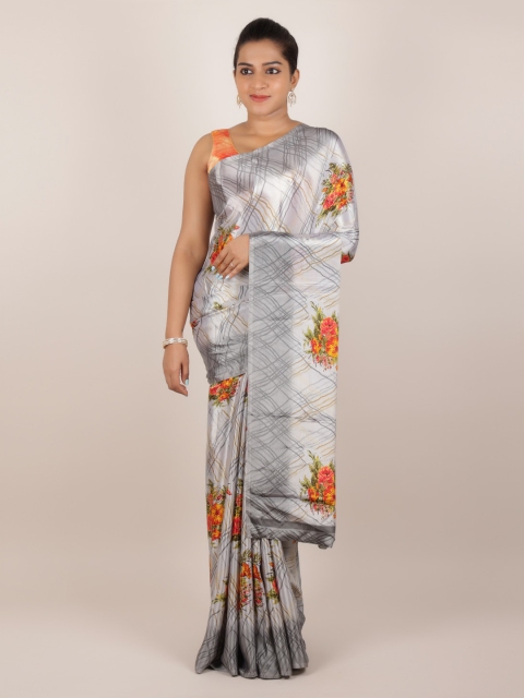 Pothys Grey Printed Poly Crepe Saree