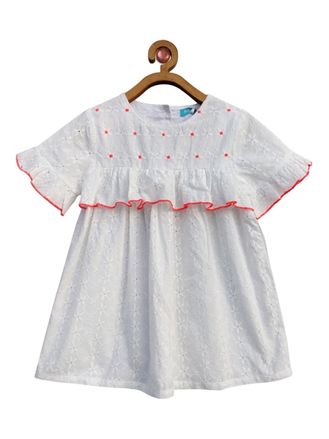 Miyo Girls White & Orange Embroidered Bell Sleeves A-Line Top