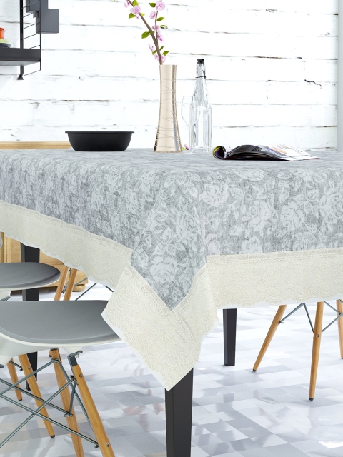 Clasiko Grey & White Floral Printed 6-Seater PVC Table Cover