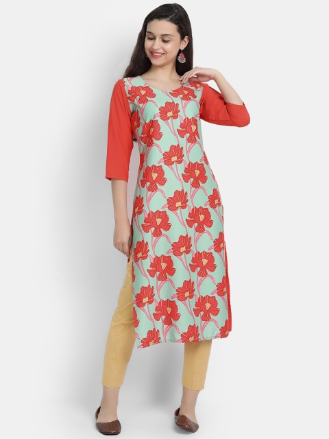 7threads Women Sea Green & Orange Floral Printed Kurta