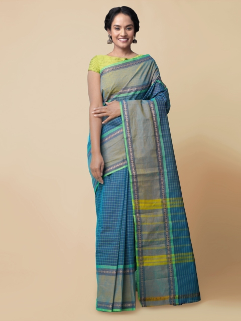 Unnati Silks Blue & Yellow Pure Cotton Checked Handcrafted Uppada Saree