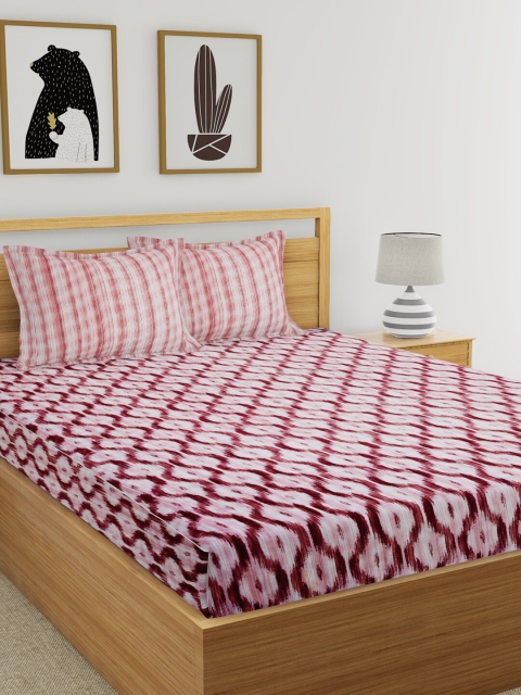 EverHOME Pink Geometric 210 TC Cotton 1 Queen Bedsheet with 2 Pillow Covers