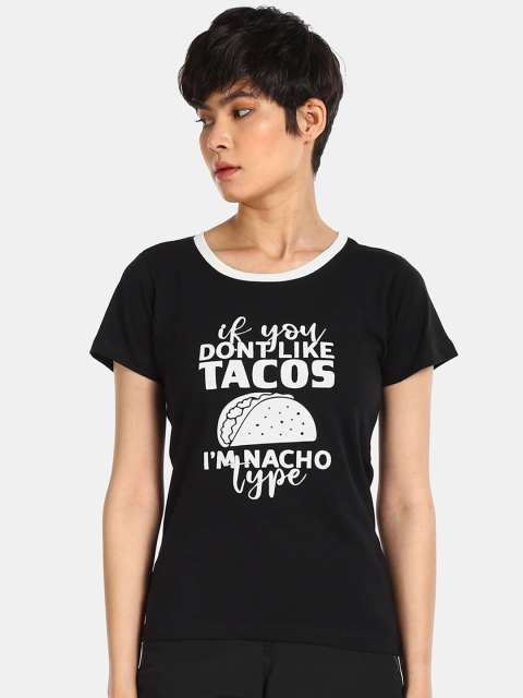 Sugr Women Black Printed Round Neck T-shirt