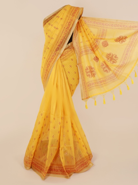 Pothys Yellow Cotton Blend Printed Chanderi Saree