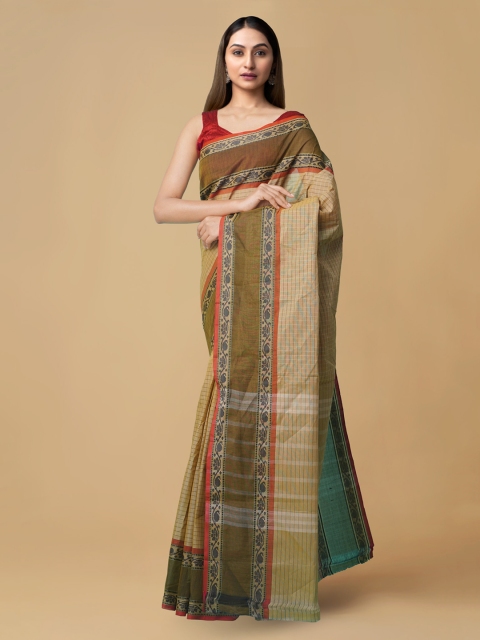 Unnati Silks Olive Green Pure Cotton Checked Chettinad Handloom Saree