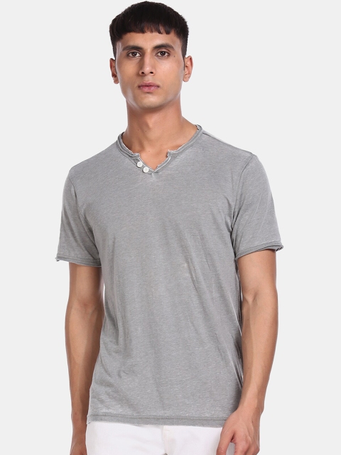 Cherokee Men Grey Striped Henley Neck T-shirt