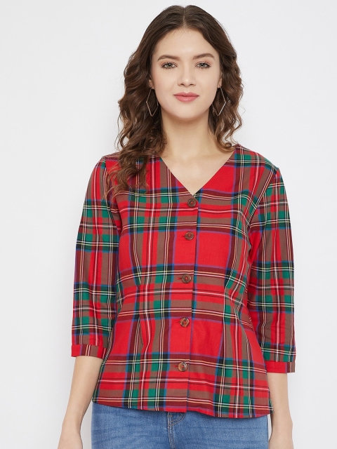 Madame Red & Green Checked Puff Sleeves Regular Top
