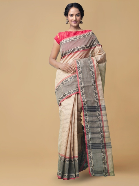 Unnati Silks Beige & Black Pure Cotton Checked Handloom Chettinad Saree