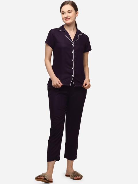 Fbella Women Purple & White Solid Night suit