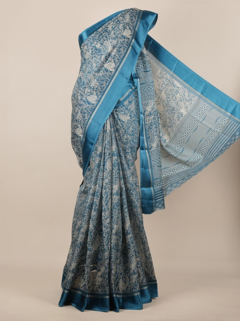 Pothys Blue Printed Jute Silk Saree