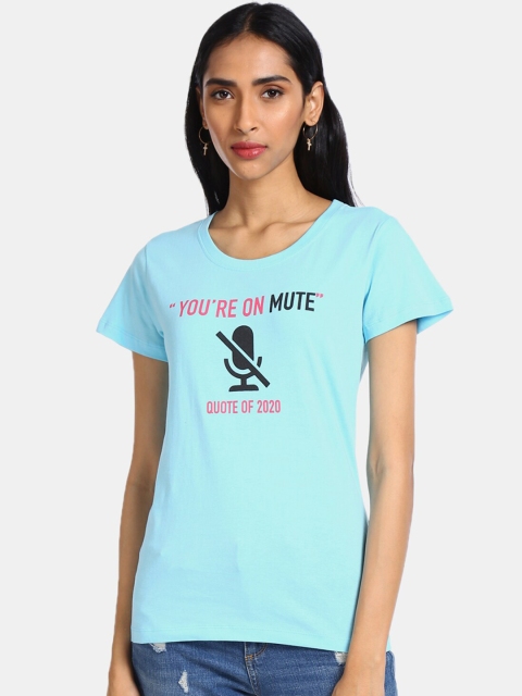 Sugr Women Turquoise Blue Printed Round Neck T-shirt