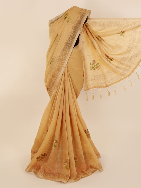 Pothys Tan Cotton Blend Printed Chanderi Saree With Tasseled Pallu