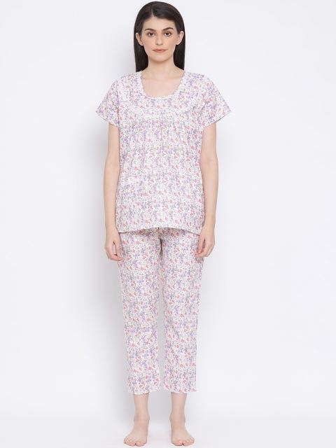 Clovia Women Off-White & Pink Printed Night Suit