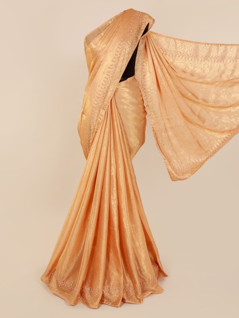 Pothys Peach-Coloured Embellished Satin Saree