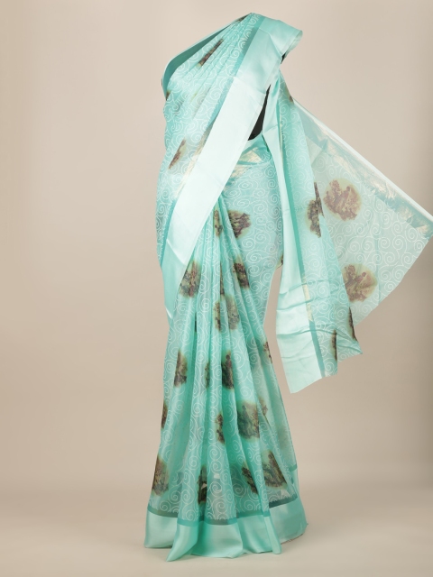 Pothys Turquoise Blue & Brown Jute Silk Printed Saree