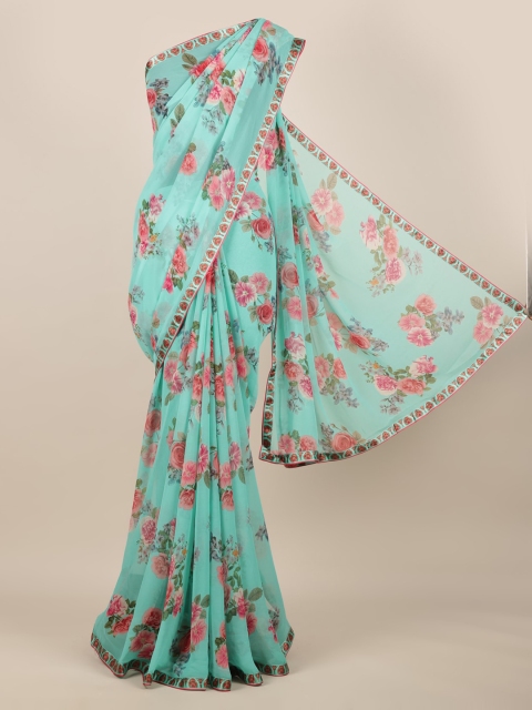 Pothys Sea Green & Pink Poly Chiffon Printed Saree
