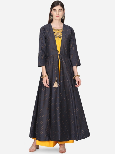 BOMBAY SELECTIONS Women Yellow & Navy Blue Embroidered Kurta with Trousers & Jacket