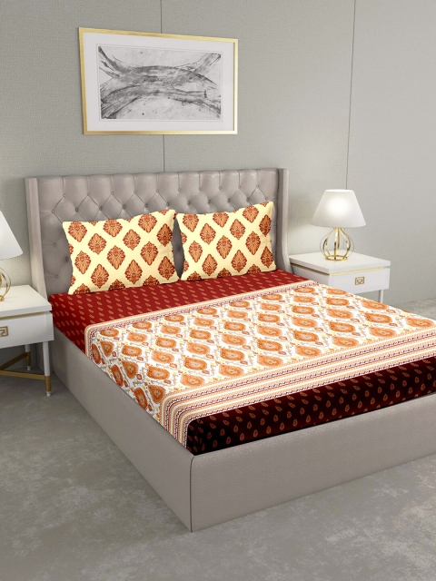 BELLA CASA Maroon Ethnic Motifs 124 TC Cotton 1 King Bedsheet with 2 Pillow Covers