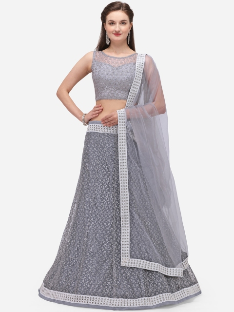 Aasvaa Grey & Silver-Toned Embellished Semi-Stitched Lehenga & Blouse with Dupatta