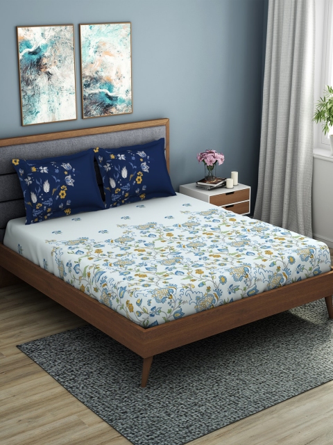 SPACES Blue & Green Floral 144 TC Cotton 1 King Bedsheet with 2 Pillow Covers