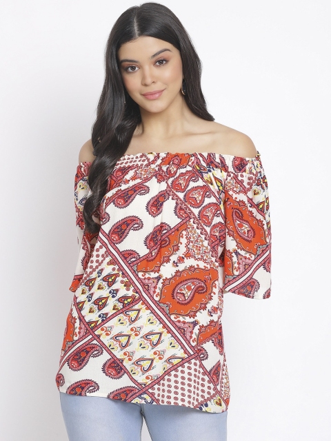 Oxolloxo Orange & White Printed Off-shoulder Crepe Bardot Top