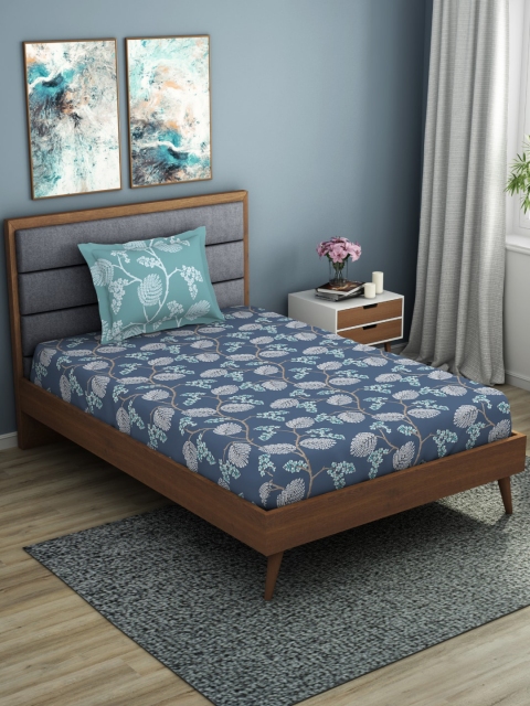 SPACES Blue & White Floral 144 TC Cotton 1 Single Bedsheet with 1 Pillow Covers