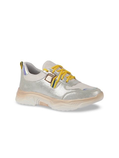 Shoetopia Women Silver-Toned Textured Sneakers